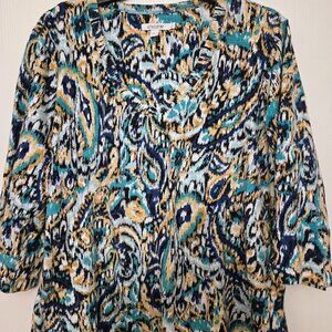 Chico's blue paisley abstract 3/4‎ sleeve top Size 3/XL NWOT
